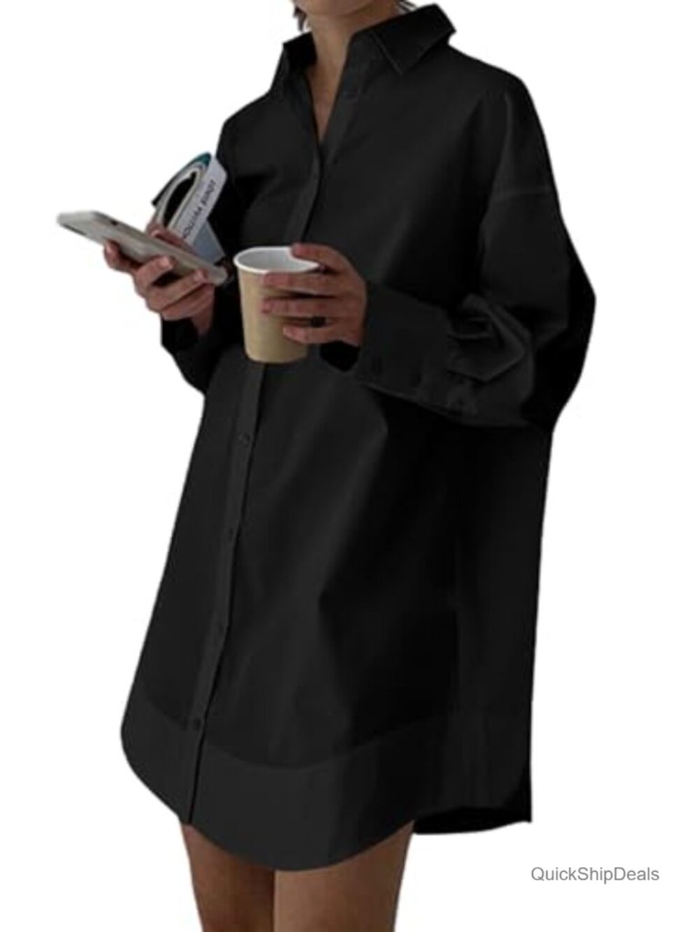 Women's Collared V Neck Long Sleeve Button Down Mini Shirt Dress